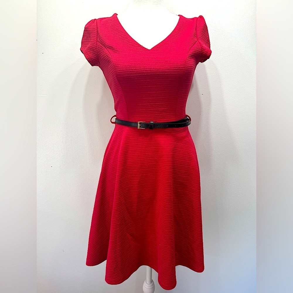 Red Jacquard Textured Belted Cap Sleeve Dress V Neck ModCloth Klaxons Small
